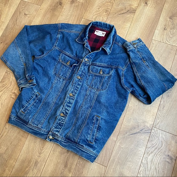 Wrangler Denim Lined Trucker Jacket XL Button Front  Whiskering Flannel Lined - Picture 3 of 12